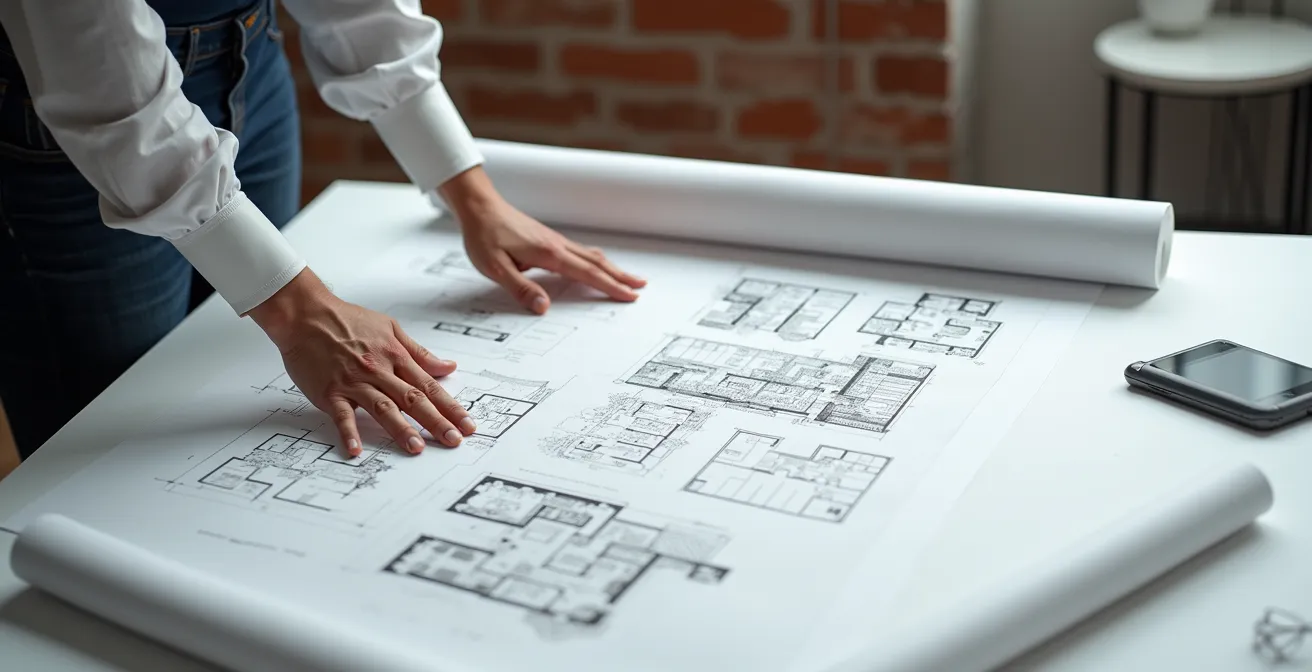 Architecte analysant des plans patrimoniaux d'Avignon sur table lumineuse
