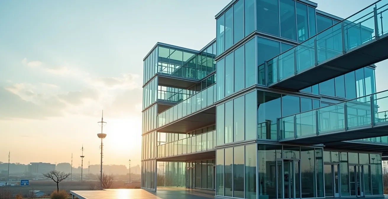 Axe Environnemental & Minimaliste : Structure architecturale modulaire en verre et acier représentant les flux décisionnels