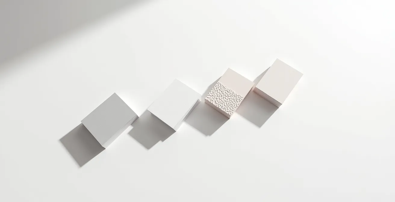 Composition montrant plusieurs cartes de visite avec différentes finitions côte à côté