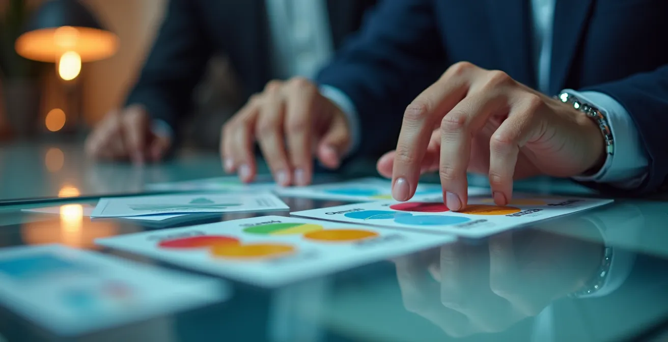 Axe Humain & Émotionnel : Mains d'analyste manipulant des cartes stratégiques physiques sur une table lumineuse