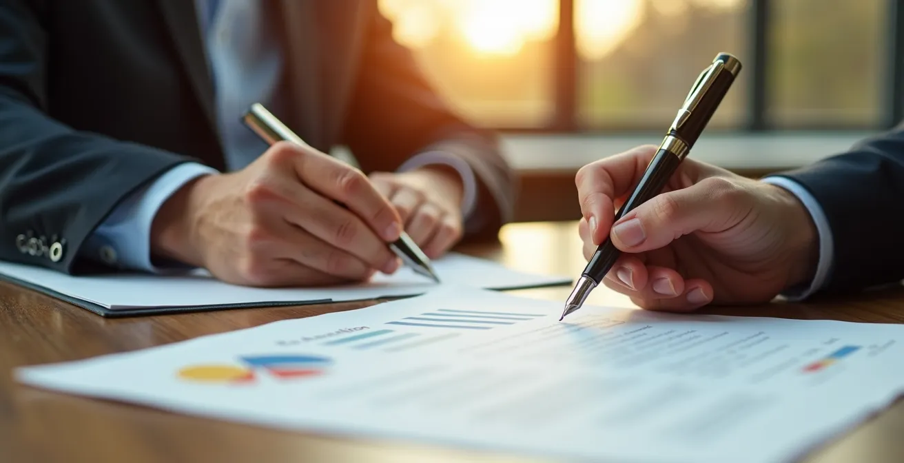 Mains professionnelles signant un contrat avec stylo plume sur bureau en bois