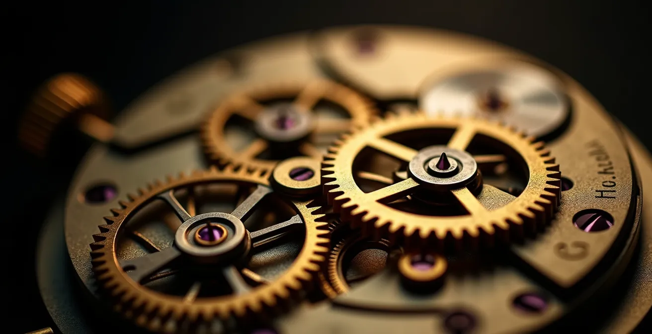 Axe Macro & Textural : Gros plan sur mécanisme de montre de précision avec engrenages dorés en mouvement
