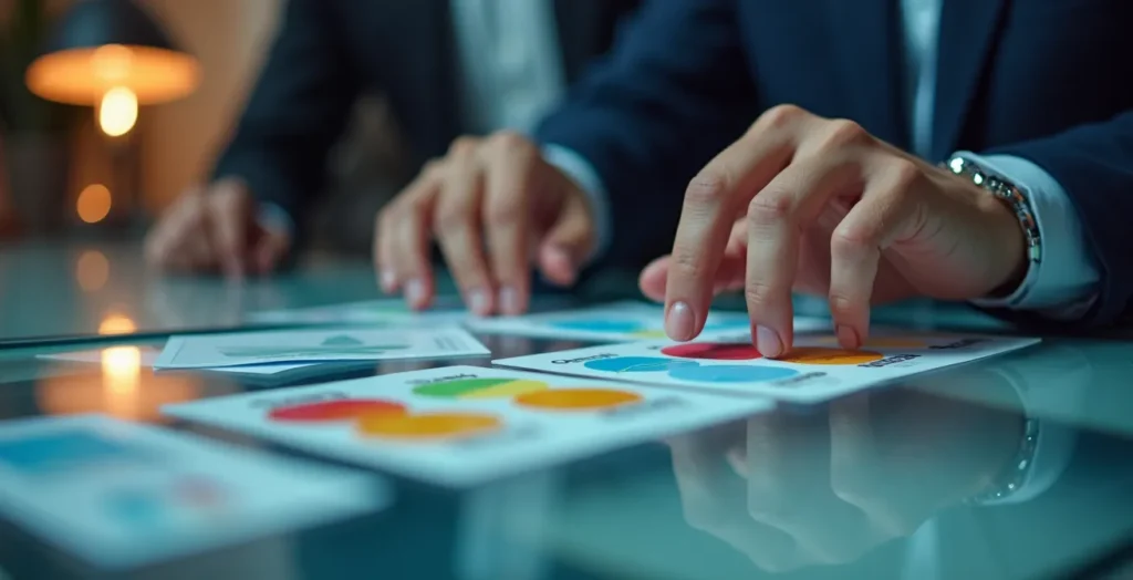 Axe Humain & Émotionnel : Mains d'analyste manipulant des cartes stratégiques physiques sur une table lumineuse